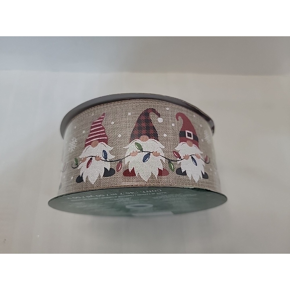 Kirkland CHRISTMAS RIBBON Gonk Gnome Wired Gift Craft Wreath Full Roll 50yds